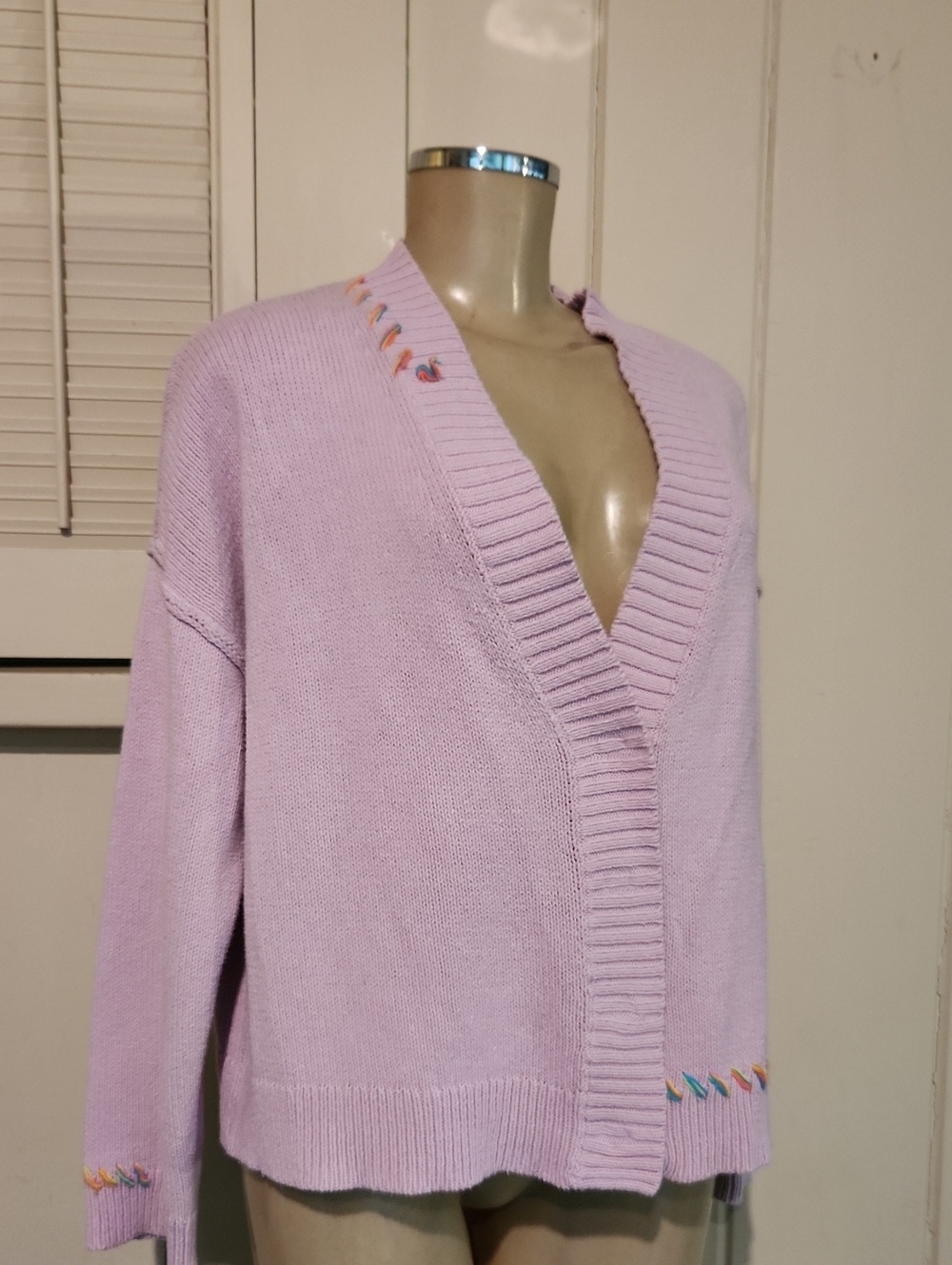 Lisa Todd Lavender V-Neck Cardigan with Multicolor Embroidery